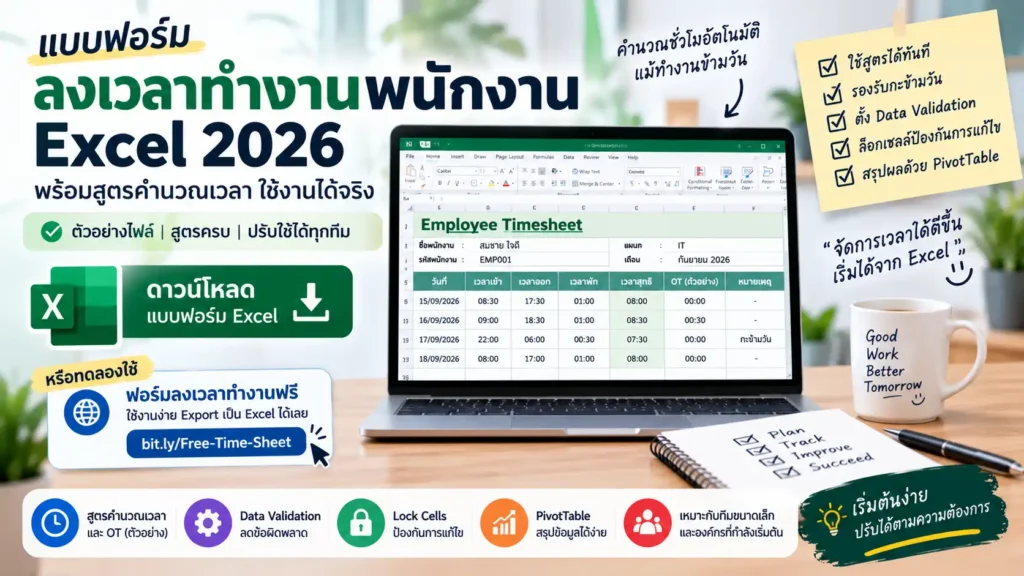 แบบฟอร์มลงเวลาทำงานพนักงาน Excel 2026 พร้อมสูตรคำนวณเวลา 1 แบบฟอร์มลงเวลาทำงานพนักงาน Excel พร้อมสูตร 2026