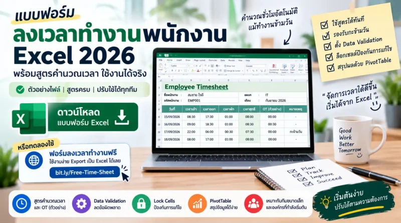 แบบฟอร์มลงเวลาทำงานพนักงาน Excel พร้อมสูตร 2026