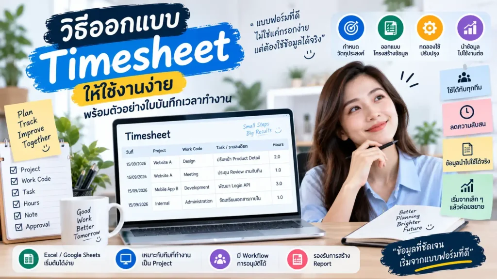 วิธีออกแบบ Timesheet ให้ใช้งานง่าย พร้อมตัวอย่างใบบันทึกเวลาทำงาน 1 วิธีออกแบบ Timesheet พร้อมตัวอย่างใบบันทึกเวลาทำงาน